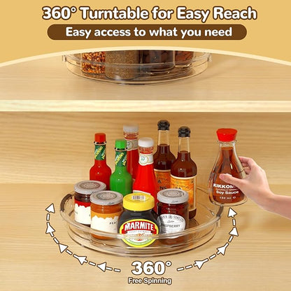 Clear Lazy Susan Organizer Turntable for Cabinet Table Top, 10.6 Inch 2 Pack 360 Rotating Spinning Makeup Organizer for Vanity, Kitchen Storage Rack Heavy-Duty Pantry Spices Tray Countertop Organizer