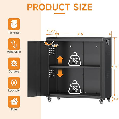 34" Metal Garage Storage Cabinet with Wheels, Adjustable Rolling Tool Storage Cabinet with Lock, Steel Locking Tool Cabinet with Doors and Shelves for Garage, Warehouse（Black）