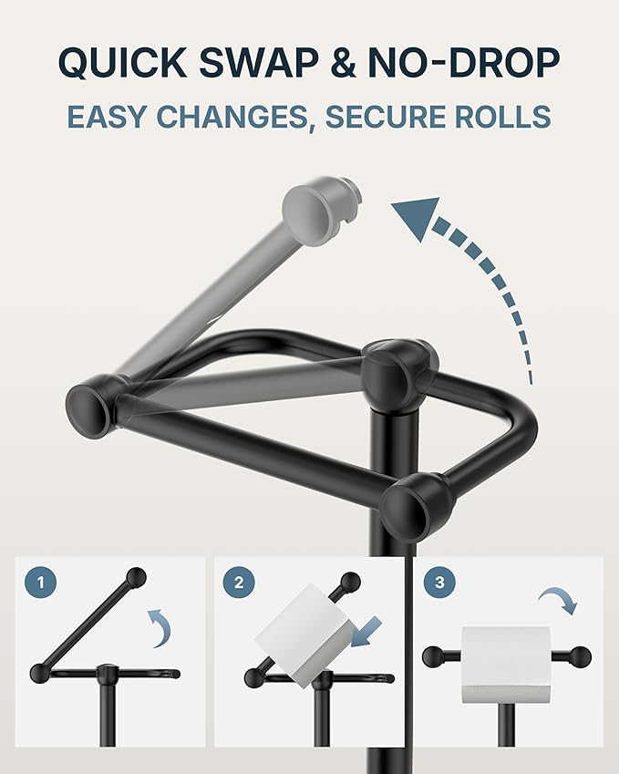 Toilet Paper Holder Stand, Modern Bathroom Free Standing Toilet Paper Roll Holder, Stainless Steel Tissue Rack, Rust-Proof & Heavy Stable Base (Matte Black)