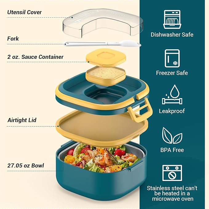 Stackable Stainless Steel Bento Box with Insulated bag,Adult & Kids Luch Box,Leak-Proof,1-Tier Bento box,Lunch Box With Portable Sauce Pod and Cutlery-for Teens/Toddler,Dishwasher Safe,Blue