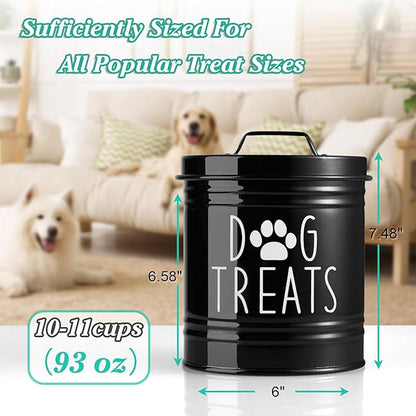 Large Dog Treat Container Airtight - 6.6" Tall X 6" Round Black Dog Treat Jar for Kitchen Counter - Rustic Treat Storage Canister for Dogs, Cats, Small Animals