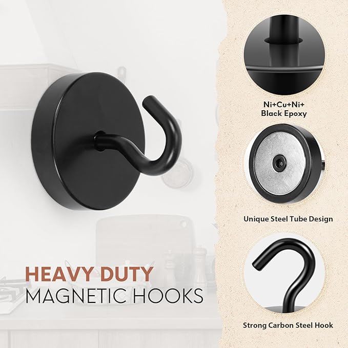 Neosmuk Black Magnetic Hooks Heavy Duty,100lb Super Strong Magnet with Hooks for Cruise Cabins, Large Metal Hooks for Hanging on Fridge,Extra Strong Magnet Hanger for Ship Walls, 5 Pack