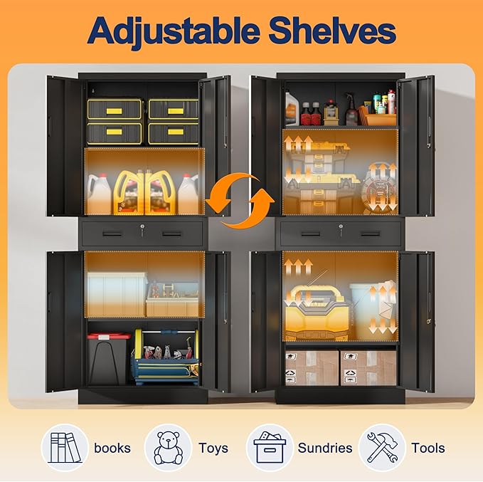 Metal Storage Cabinet, 71" H x 28" W x 16" D Locking Storage Cabinet with Adjustable Shelves and One Drawer, Steel Cabinet for Office, Garage, Home, School, Utility (Black)