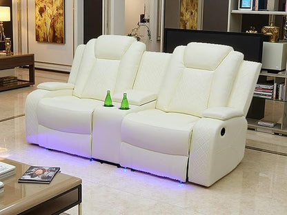 Power Reclining Sofa Set, Recliner Sofa Set, Ivory White Power Leather Reclining Loveseat Recliner for Living Room Furniture Set with Storage Console & Cup Holder for RV/Living Room