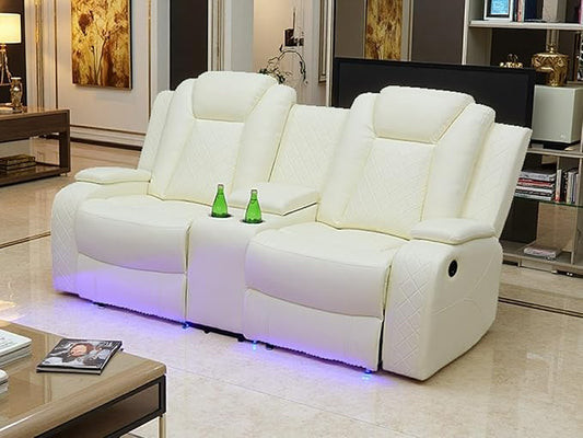 Power Reclining Sofa Set, Recliner Sofa Set, Ivory White Power Leather Reclining Loveseat Recliner for Living Room Furniture Set with Storage Console & Cup Holder for RV/Living Room