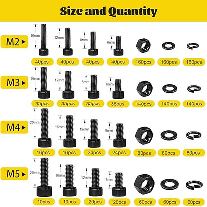1760PCS Metric Screw Assortment Kit,M2 M3 M4 M5 Screws Set, Hex Socket Head Cap Bolts Nuts and Washers Kit for 3D Printing DIY, Grade 12.9 Alloy Steel, Black Zinc Plated