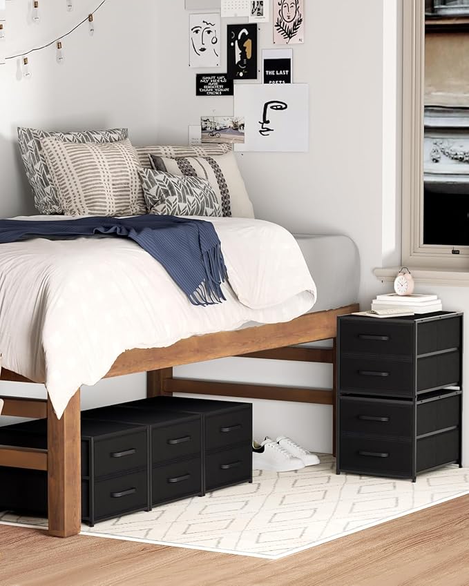 Stackable Storage Drawers - 2 Tier Closet Drawers, Closet Organizer with Metal Handles, Night Stand with Collapsible Bins, Fabric Dresser for Bedroom, Dorm, Office, Black, 2 Pack