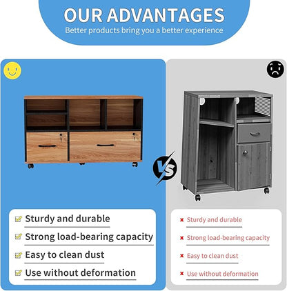 2 Drawer Wood Mobile Large Lateral File Cabinet, Lockable Rolling Filing Cabinet with Storage Shelves, Printer Stand Office Storage Cabinet for Home Office Fits Files Legal/A4, Rustic Brwon