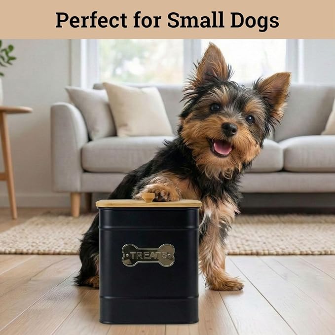 Dog Treat Container Airtight - 6 Inch Wide x 8 Inch Tall Iron Dog Treat Jar for Kitchen Counter with Airtight Bamboo Lid - 12 Cup Capacity Pet Treat Container - Doggie Cookie Jar - Big Treats Canister
