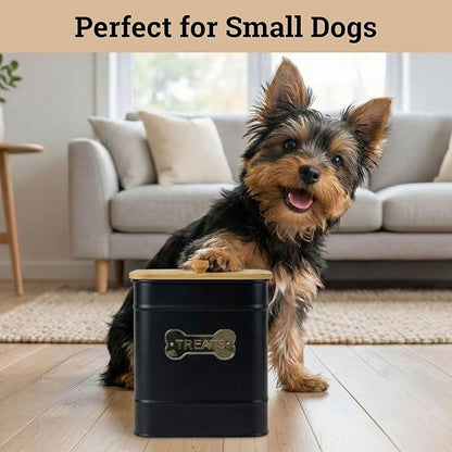 Dog Treat Container Airtight - 6 Inch Wide x 8 Inch Tall Iron Dog Treat Jar for Kitchen Counter with Airtight Bamboo Lid - 12 Cup Capacity Pet Treat Container - Doggie Cookie Jar - Big Treats Canister