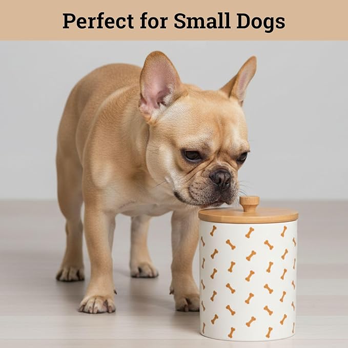 Dog Treat Container Airtight - 5 Inch Wide x 6.4 Inch Tall Ceramic Dog Treat Jar for Kitchen Counter with Airtight Bamboo Lid - 4 Cup Capacity Pet Treats Container - Doggie Cookie Jar Treats Canister