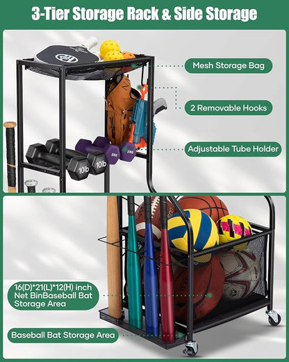 Sports Equipment Garage Organizer - Rolling Ball Storage with wheels, 3-Tier Sports gear Storage Rack Indoor & Outdoor Balls Cart with Hooks for Home, Garage (Black)
