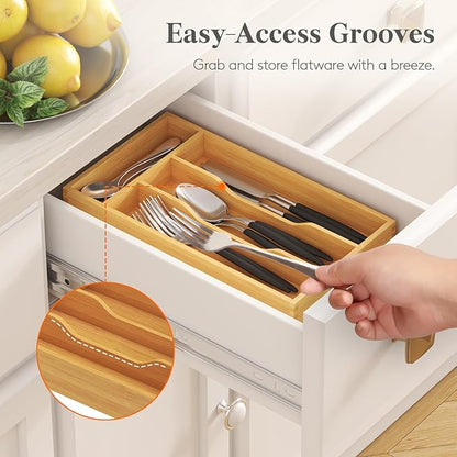 Lifewit Silverware Drawer Organizer, Utensil Tray for Kitchen, Flatware and Cutlery Holder, Storage for Spoons Forks Knives, 6.7 x 12", Natural