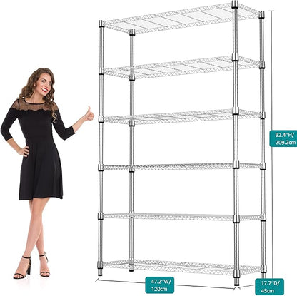 2100LBS 47.2" W 6 Tiers Shelf Storage Shelves Metal Shelving Unit Heavy Duty Garage Shelving Adjustable Wire Shelves for Pantry,Kitchen,Garage,Basement,Chrome 17.7" D x 47.2" W x 82.4" H