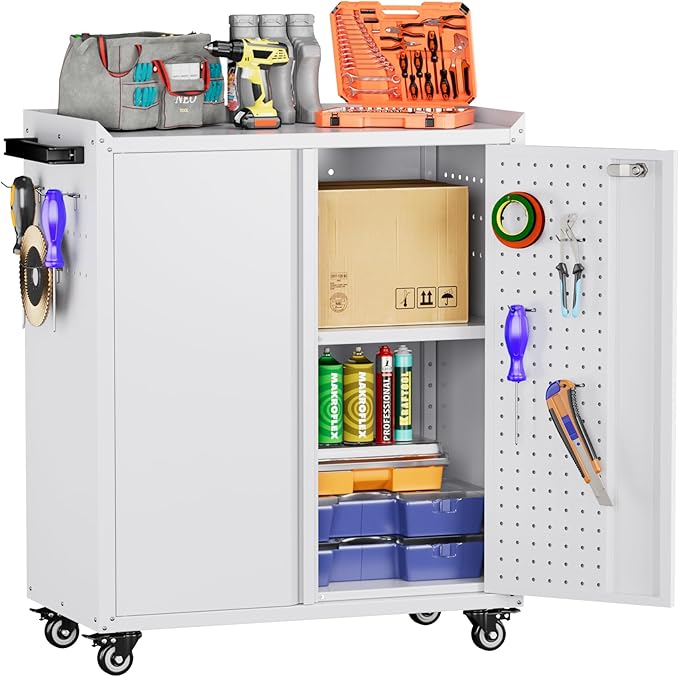 Garage Storage Cabinet with Wheels & Pegboard, Locking Metal Storage Cabinet with Doors and Shelf & 4 Hooks for Garage, Home, Workshops, Small Tool Cabinets, Assembly Required, White