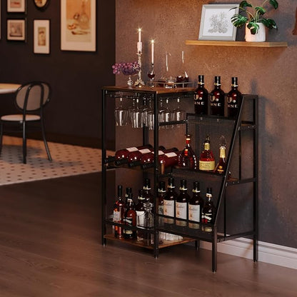 Versatile Liquor Stand for Home Bar, Wine Rack Freestanding Floor, Mini Bar Table for Liquor Whiskey Wine, 3-Tier Trapezoidal Liquor Bottle Display Shelf with Glass Holder and Fences(Patent Pending)