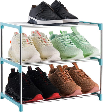 3-Tier Stackable Small Shoe Rack, Lightweight Shoe Shelf Storage Organizer for Entryway, Hallway and Closet(Blue)