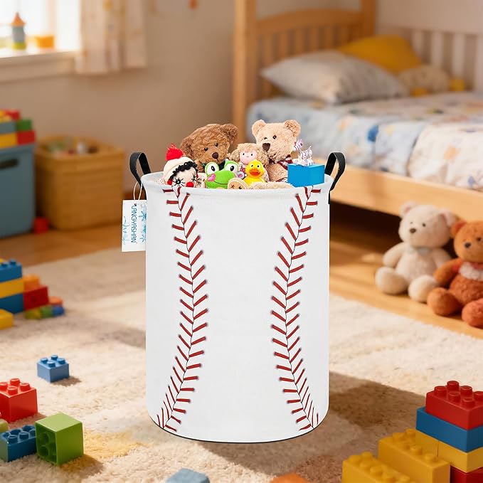 LANGYASHAN Laundry Basket Canvas Fabric Collapsible Organizer Basket for Storage Bin Toy Bins Gift Baskets Bedroom Clothes Children Nursery Hamper (Baseball)