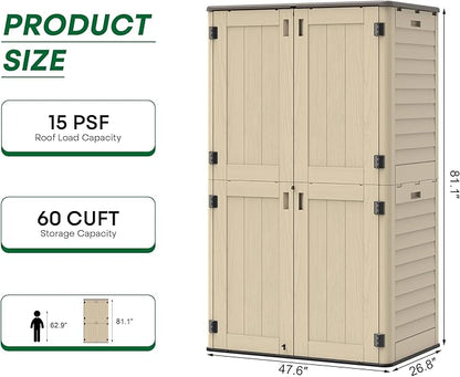 Vertical Outdoor Storage Shed, 60 Cu.Ft Resin Storage Cabinet Waterproof with Lockable Floor, All-Weather Tall Backyard Shed for Patio Furniture, Garage, Garden, Porch (Khaki)