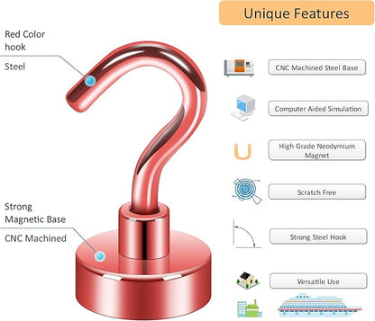 Neosmuk Magnetic Hooks, Heavy Duty 30lb+ Strong Magnet Hook for Cruise Cabins, Cruise Ship Essentials for Hanging, Metal Wall Refrigerator Hangers (Red, 10 Pack)