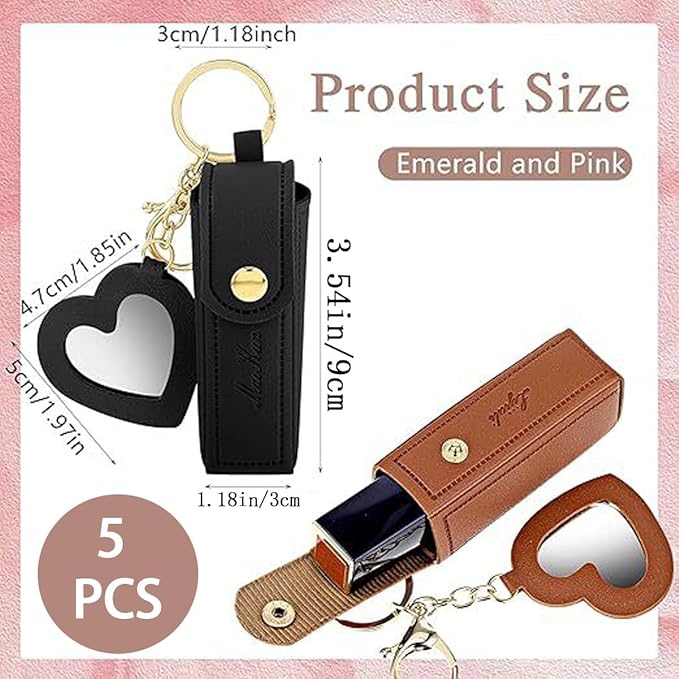 5 PCS Lipstick Holder Keychain PU Leather Potable Chapstick Holder with Mirror Soft Lip-Balm Holder Travel Storage Case, Lipstick Pouch, Mini for Chapstick Perfume Fingernail Polish
