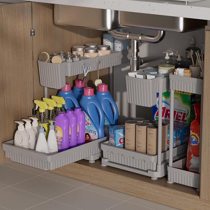 3 Pack Multi-Purpose Under Sink Organizers and Storage, 2026 L-Shaped Pull Out Cabinet Organizer for Bathroom & Kitchen, Under Cabinet Organizer with Hooks Hanging Cup (Grey, 14.85 inch)