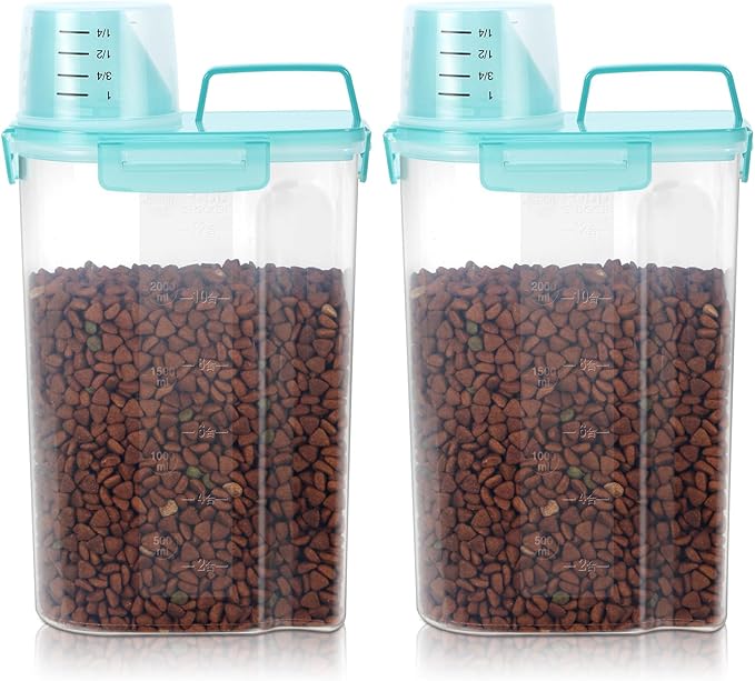 Airtight Small Cat Dog Pet Food Storage Containers BPA Free, with Large Pour Spout/1 Measuring Cup/ 4 Safety Locks and Double-layer Silicone Strip (Clear Blue x 2, 3L-2pack)