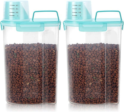 Airtight Small Cat Dog Pet Food Storage Containers BPA Free, with Large Pour Spout/1 Measuring Cup/ 4 Safety Locks and Double-layer Silicone Strip (Clear Blue x 2, 3L-2pack)