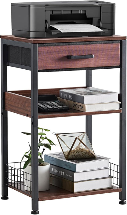 Lerliuo Walnut Printer Stand with Fabric Drawer, 3 Tier Industrial Side Table, Modern Small Printer Desk Holder with Storage Shelf,Multi-Functional Bedside Tables for Home Office Fax Machine Scanner