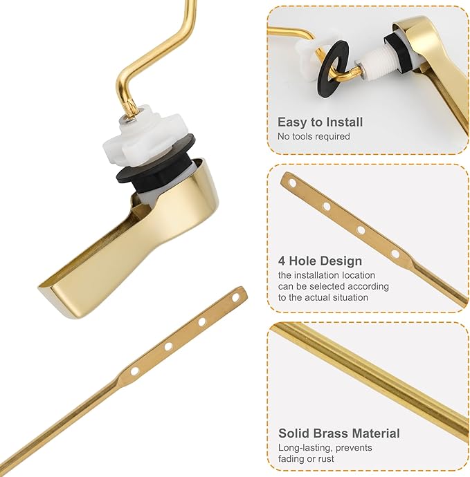 Hibbent Universal Metal Side Mount Toilet Handle Replacement Kit, Brass Toilet Flush Tank Lever with Stainless Steel Flapper Chains for Most Toilets, Shiny Gold