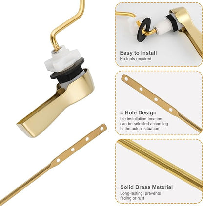 Hibbent Universal Metal Side Mount Toilet Handle Replacement Kit, Brass Toilet Flush Tank Lever with Stainless Steel Flapper Chains for Most Toilets, Shiny Gold
