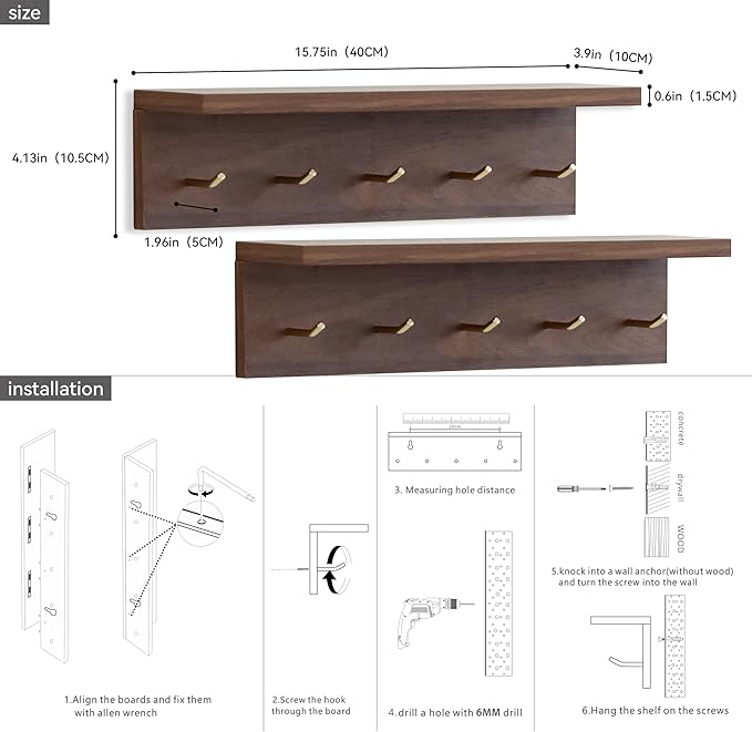 5-Hook Wall Mounted Coat Rack with Storage Shelf - Multi-Functional Key & Jacket Hanger for Entryway, Walnut Finish, Style D-2