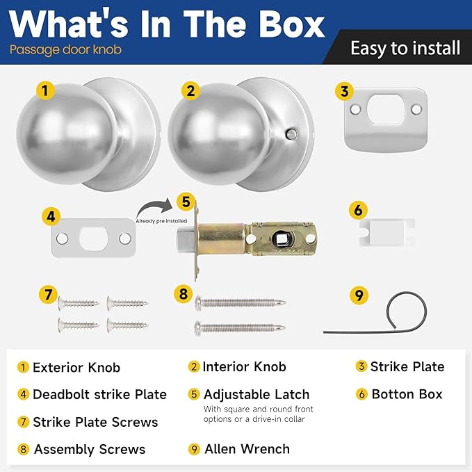 Passage Door Knob - Closet Door Knobs, Keyless Doorknob Interior Door Knob Without Lock for Hallway, Satin Nickel