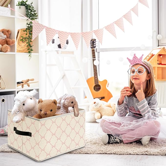 Coquette Pink Bow Ribbon Storage Bin Box with Handles, Preppy Girly Bow Aesthetic Foldable Organizer Basket Toybox for Girls Room Dorm Bedroom Bathroom Clothes Toys Books