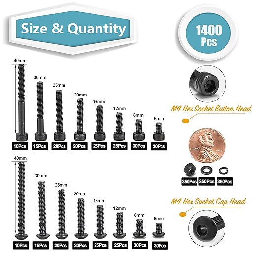 Kadrick Metric Screws Assortment,1400 Pcs M4 Screws Nuts Washers Assortment M4x6MM-40MM, Hex Socket Button & Cap Head M4 Machine Bolts Kit, 12.9 & 10.9 Grade Black Alloy Steel for 3D Printing