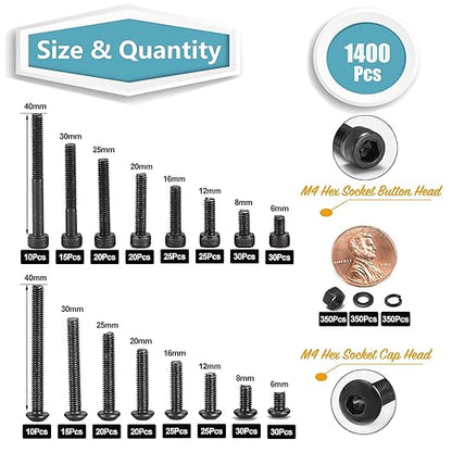 Kadrick Metric Screws Assortment,1400 Pcs M4 Screws Nuts Washers Assortment M4x6MM-40MM, Hex Socket Button & Cap Head M4 Machine Bolts Kit, 12.9 & 10.9 Grade Black Alloy Steel for 3D Printing