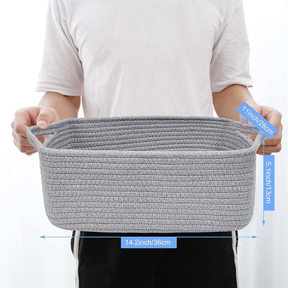 ABenkle Small Storage Basket with Handles, Cotton Rope Woven Dog Cat Toy Bin, Decorative Shelves Closet Organizing for Nursery Laundry Bedroom Bathroom, 14.2''x 11''x 5.1''