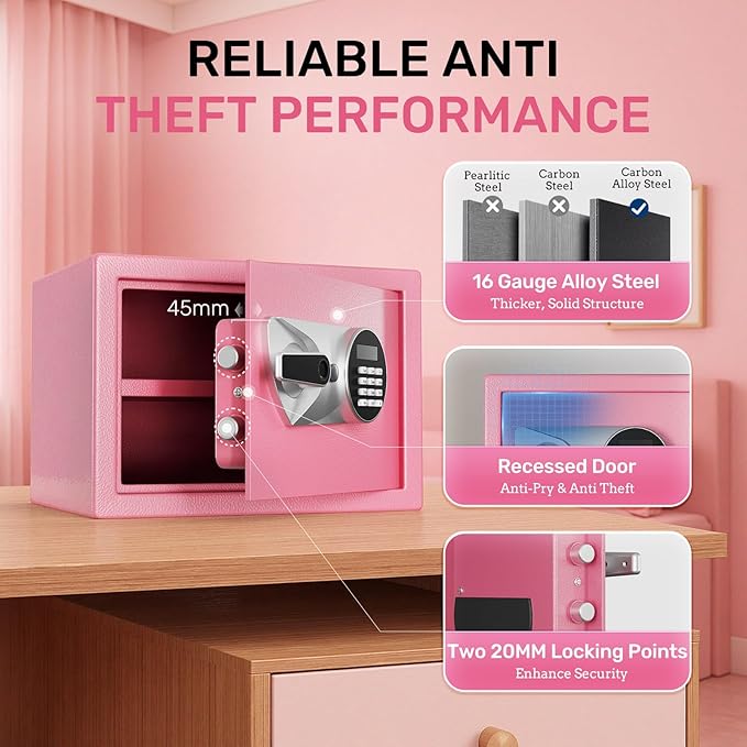 BlackSmith Home Biometric Safe 1.0 Cub Quick Access Fingerprint Lock Box With Keys Keypad Wall Mount Cabinet Safe Secure Money Jewelry with Fireproof Bag Mute Mode LED Light, Pink