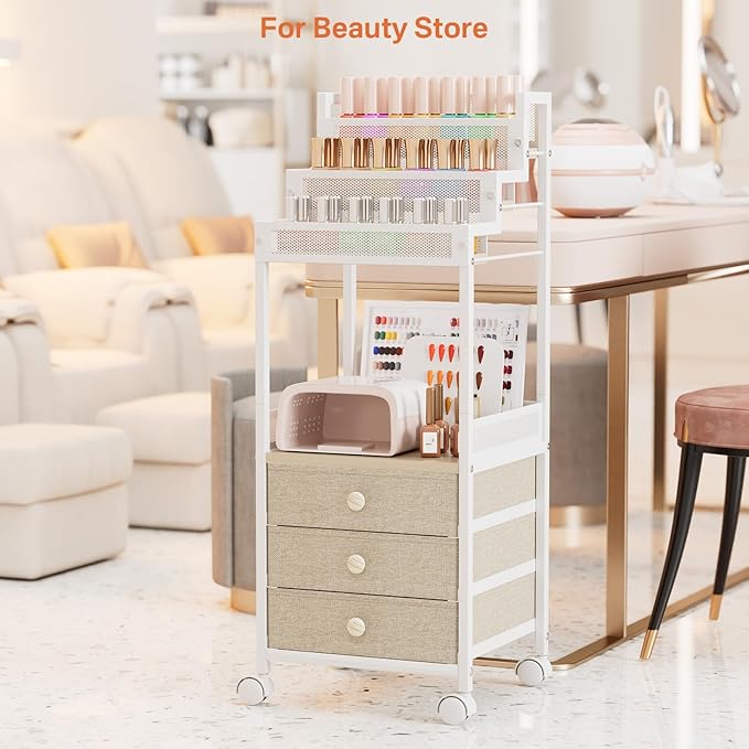 Makeup Cart Organizer with Drawers, Floor Rolling Skincare Vanity Storage Mobile Cosmetic Display Case Stand for Makeup Brushes, Nail Polish, Perfume Organizer for Women Matte White