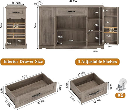 HOSTACK Kitchen Island Cart with Storage, 47'' Kitchen Storage Island on Wheels with 2 Drawers, Rolling Island Table with Adjustable Shelves, Mobile Buffet Sideboard Cabinet for Dining Room, Ash Gray
