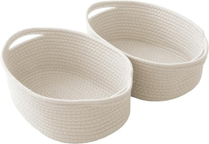 Woven Basket,Small Rope Storage Bin with Handles & Ribbon Bag, Organizer for Shelves Closets,Gift Basket Empty for Birthday,Books,Dog Toys,White/2 Pack