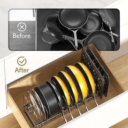 ORDORA Pots and Pans Organizer under Cabinet with Pan Holder: Expandable 11.8"-22.8" Kitchen Cabinet Organizer Rack, 12 Adjustable Dividers Storage for Cookie Sheets, Cutting Boards & Lid, Silver