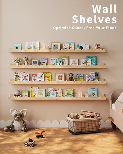 Shario Nursery Book Shelves, 4-Pack White Floating Shelves for Wall Kids, Scalloped Shelves, Wall Book Shelves for Bedroom Kids, Toddler Room, Baby Room, Nursery Decor (Wood, 47.2 Inches)