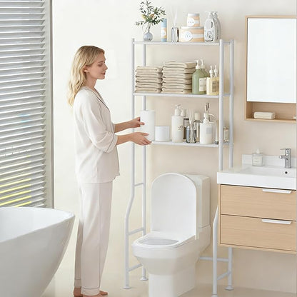 3-Tier Over Toilet Storage Rack, Metal Over Toilet Bathroom Organizer Shelf, Freestanding Space Saver Storage Shelves for Bathroom/Laundry/Living Room (White)