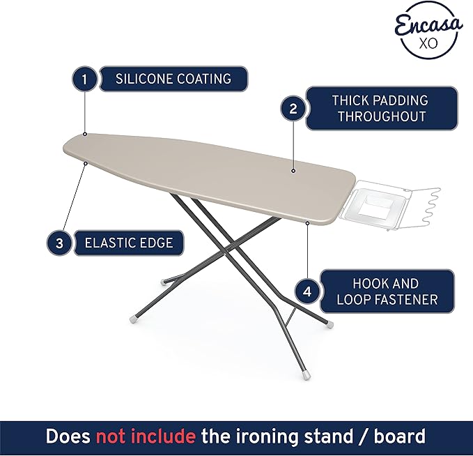 Encasa XO Ironing Board Cover and Pad 54"x18" - 4mm Felt X-Large Iron Board Cover with Padding - Heat Resistant, Stain-Safe Dye, Non Slip Elastic Bungee Cord Tightening Iron Table Cover White