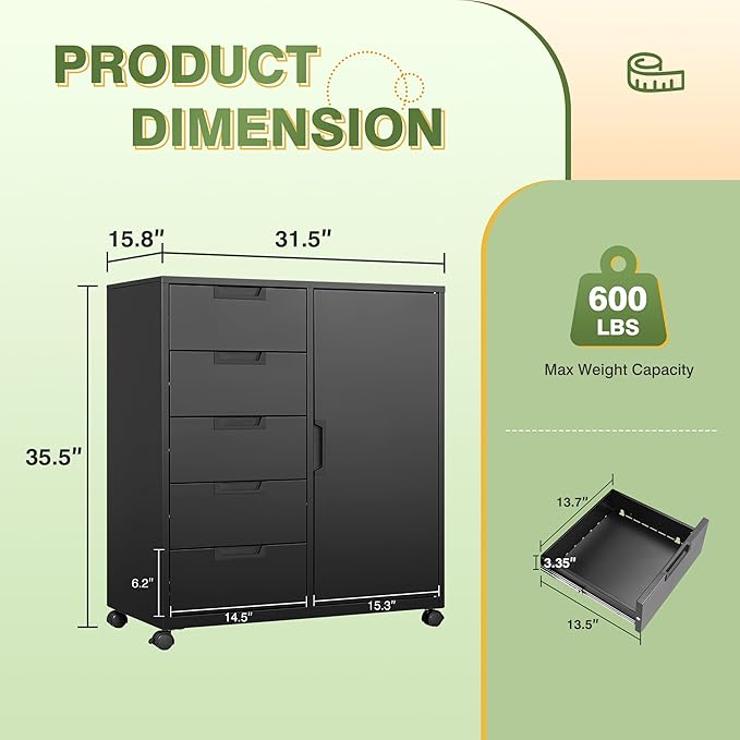 5 Drawer Metal Cabinet, Office Storage Cabinet w/Universal Wheels, Printer Stand with Storage Shelves, Rolling File Cabinets for Home Office(Black)