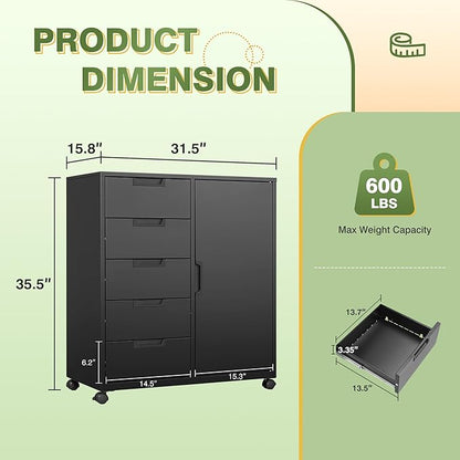 5 Drawer Metal Cabinet, Office Storage Cabinet w/Universal Wheels, Printer Stand with Storage Shelves, Rolling File Cabinets for Home Office(Black)