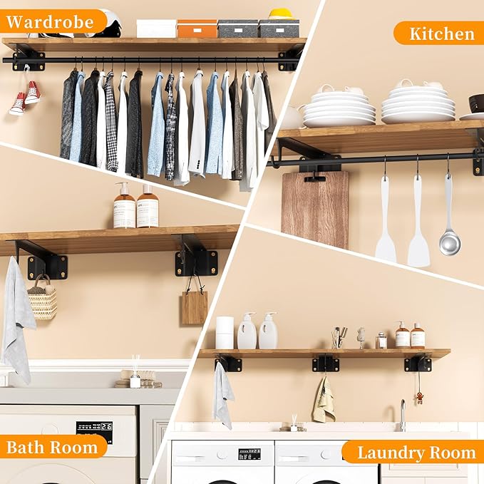 Closet Rod Support Bracket 13 inch WYGWP Heavy Duty Closet Shelf Brackets Supports 200lbs,Sturdy Closet Shelves Wall Mounted for DIY Home and Closet Decor Black 2pack
