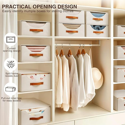 Stackable Storage Drawers - Large Collapsible Storage Bins with Drawers, 4 Pack Closet Shelf Organizer Basket, Fabric Pull Out Organizer for Bedroom, Living Room, Dorm, Light Beige