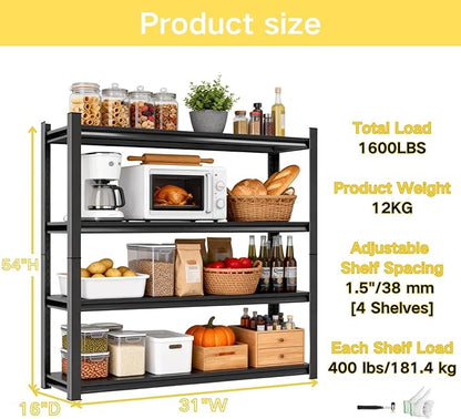Kitchen Storage Shelves, 54''H*31''W Microwave Stand, Adjustable Metal Shelving, 1600LBS Bakers Rack, Black Kitchen Shelf, 4-Tier Shelving Unit for Bathroom, Pantry, Laundry, Closet, Garage